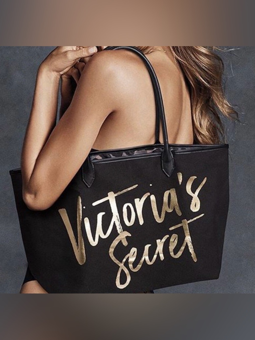 Beautiful Victoria's Secret Black Tote with Metallic Gold Script Logo, NEW!
